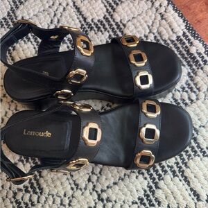 Larroude Black and Gold Sandals